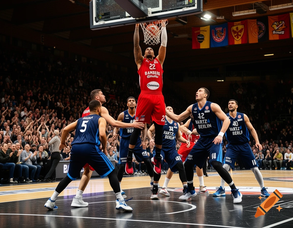Basketball player in a red jersey with number 22 dunks the ball, surrounded by opposing players in blue jerseys on a court in a packed arena.