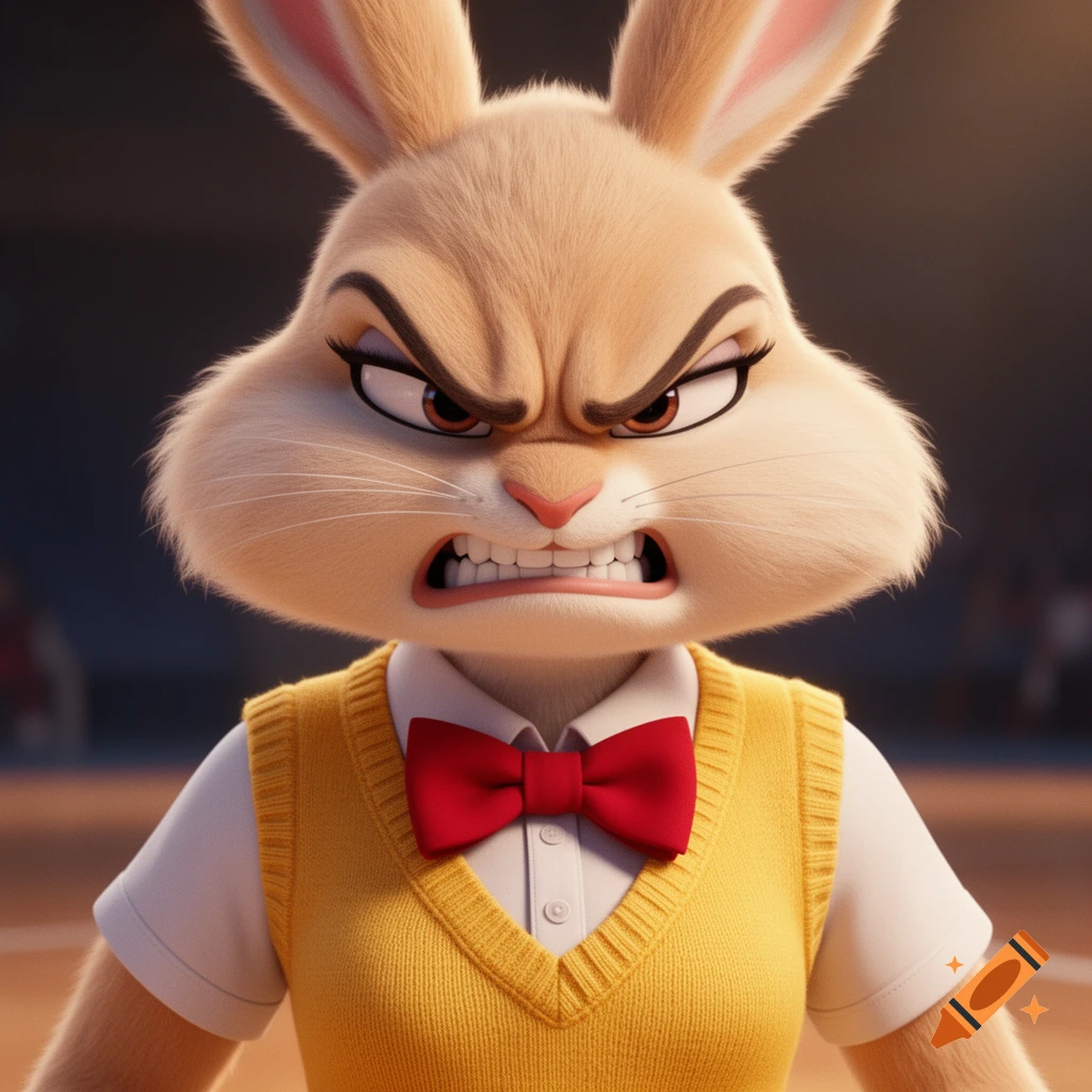 An angry Lola Bunny, a cartoon rabbit, wearing a white shirt, yellow sweater vest, and red bow tie in a 3D animation style.