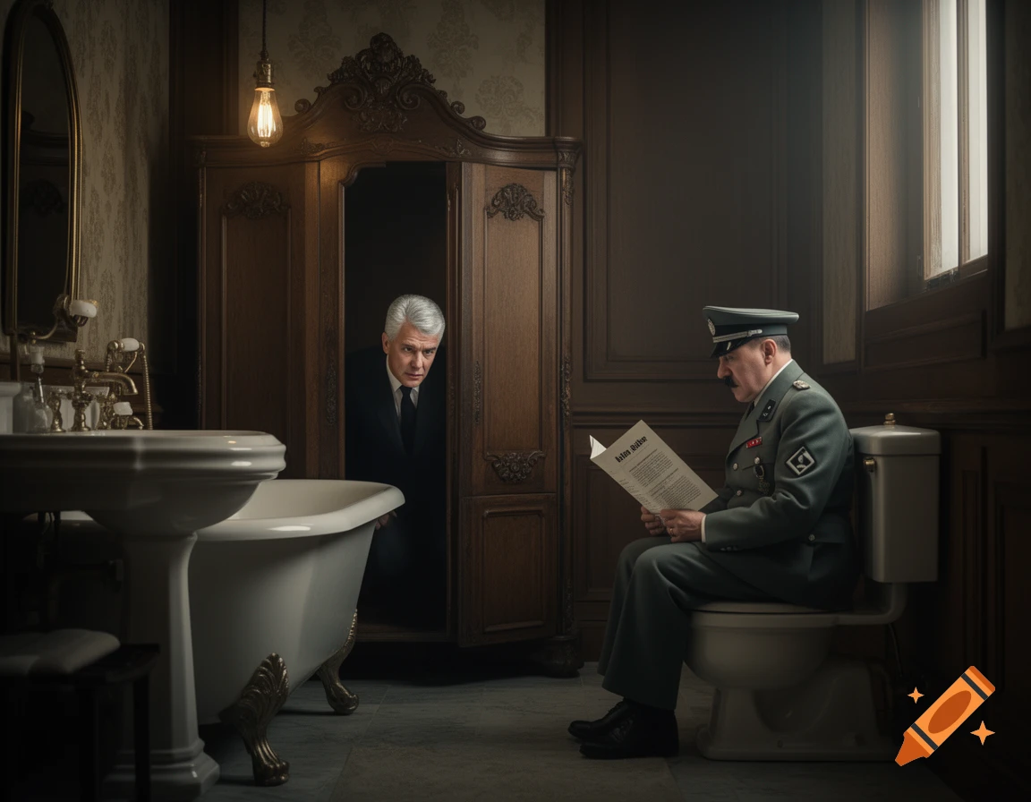 Adolf Hitler in uniform sits on a toilet reading a paper, as Jeffrey Epstein peeks from a dark wardrobe in a vintage bathroom.