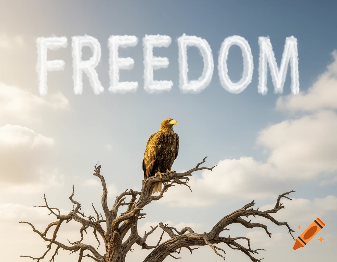 A photorealistic image of an eagle perched on a dead tree branch, looking at the sky with clouds forming the word "FREEDOM".