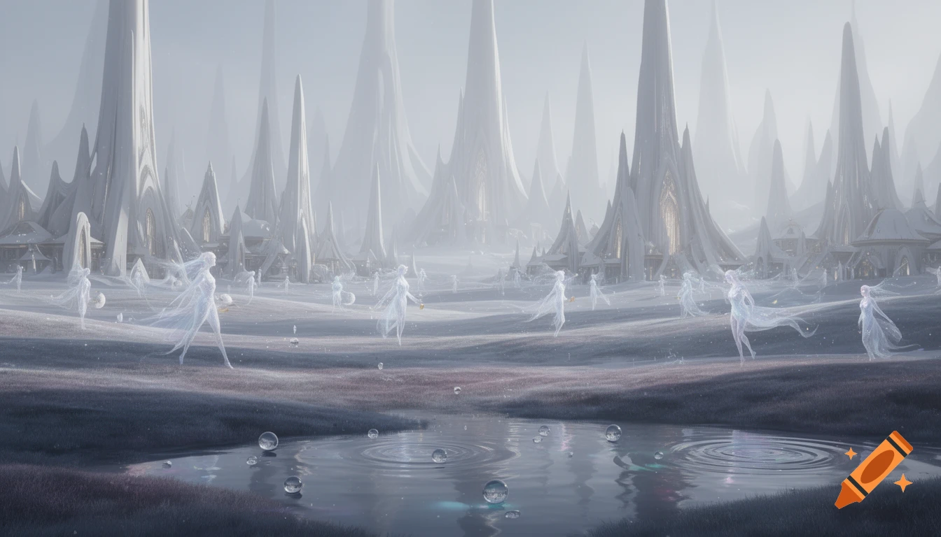 Ethereal translucent figures walk through a misty, otherworldly landscape with glowing water and futuristic white spires in the background.
