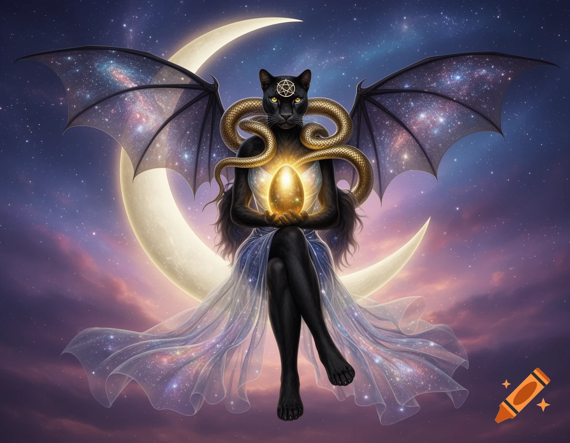 A black cat-woman with cosmic bat wings and a golden snake sits on a crescent moon, holding a glowing golden egg against a starry sky.