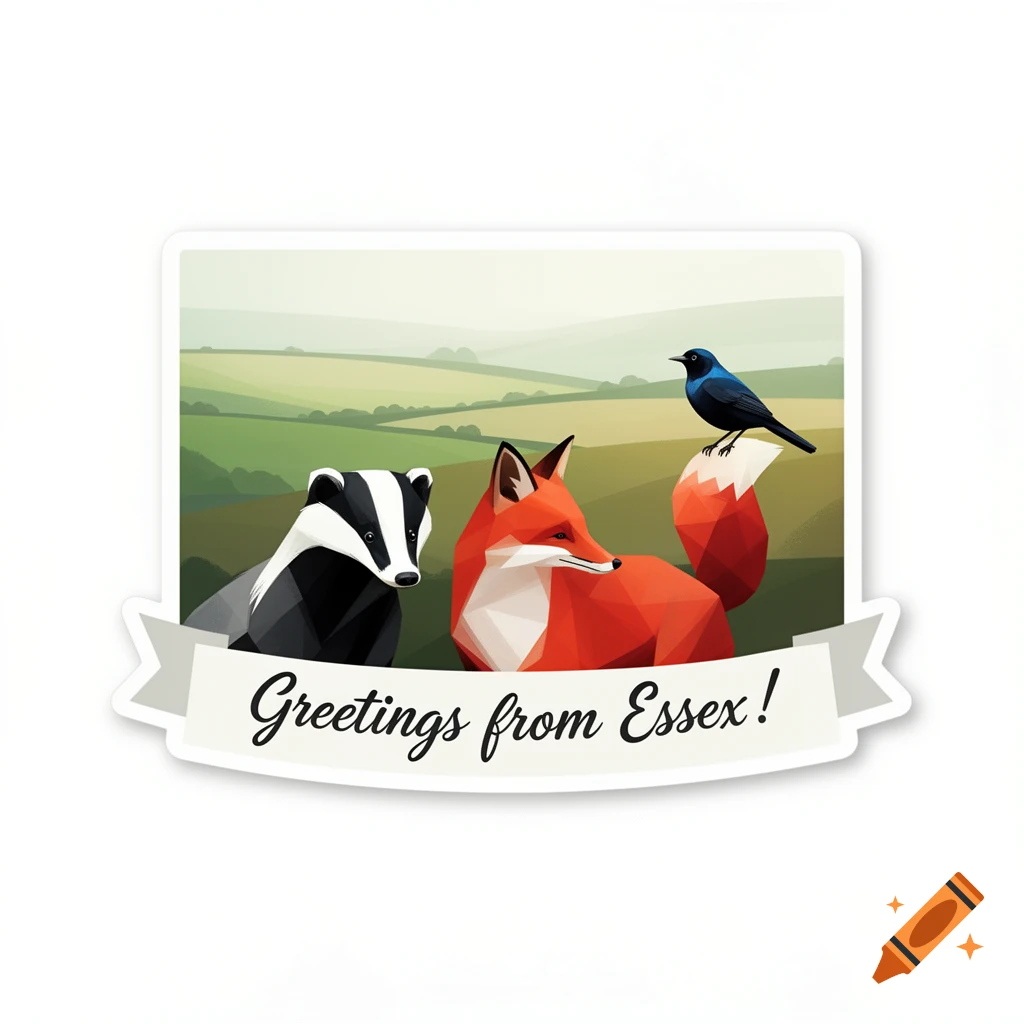Stylized sticker featuring a badger, red fox, and blackbird in a field, with a banner that reads 'Greetings from Essex!'