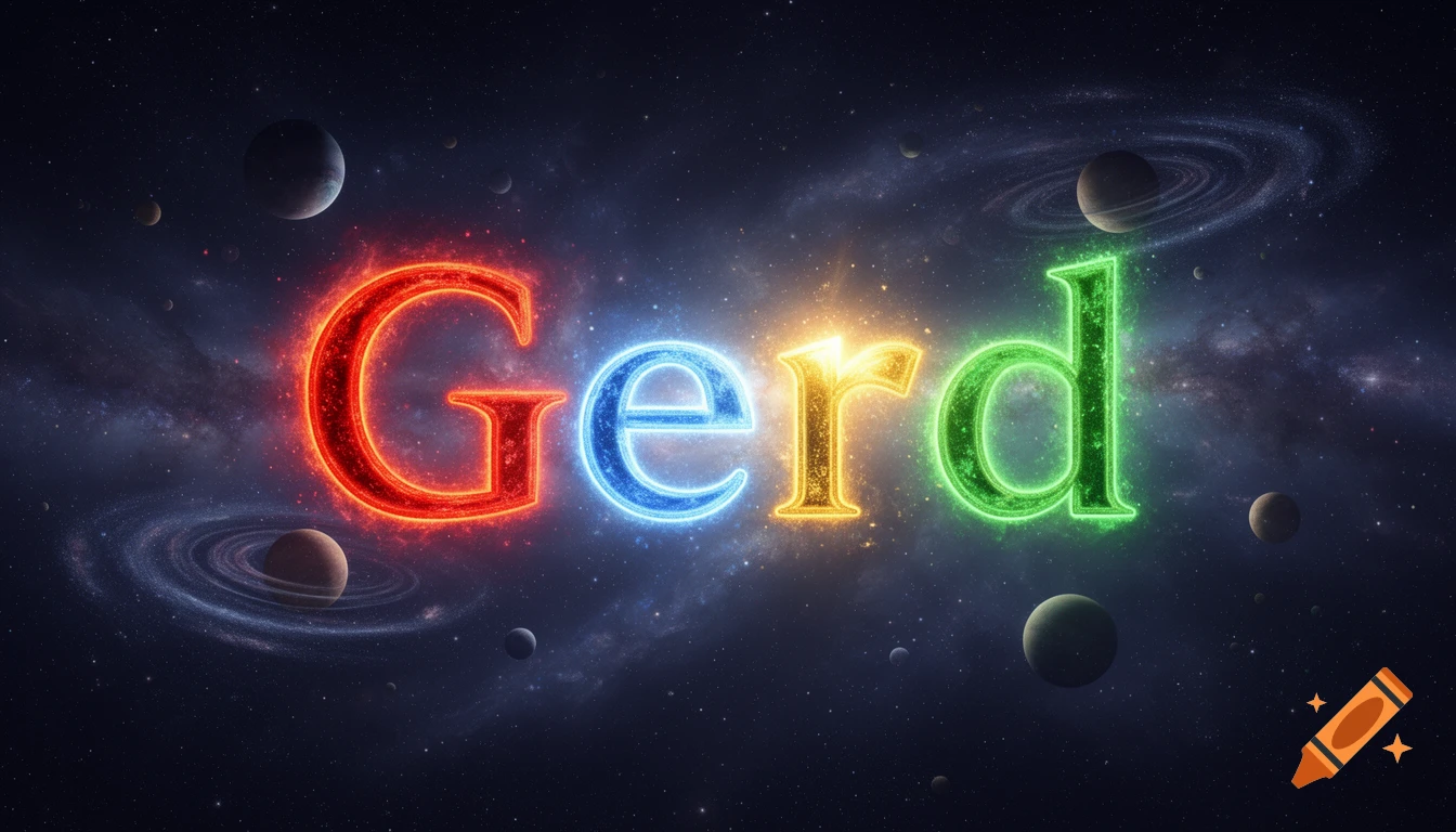 The word 'Gerd' in vibrant, glowing red, blue, gold, and green letters against a cosmic starry background with planets.