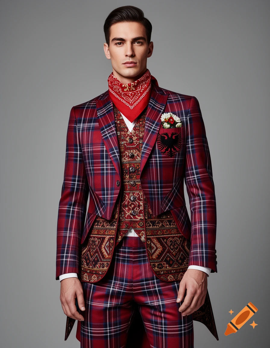 Photorealistic fashion portrait of a man in a luxurious red tartan suit, an ornate patterned vest, a red bandana, and an eagle emblem.