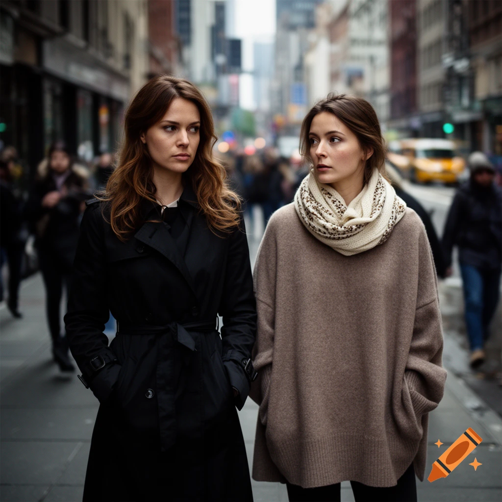 Two women walk on a city street; one wears a black trench coat, the other a beige sweater and cream scarf.