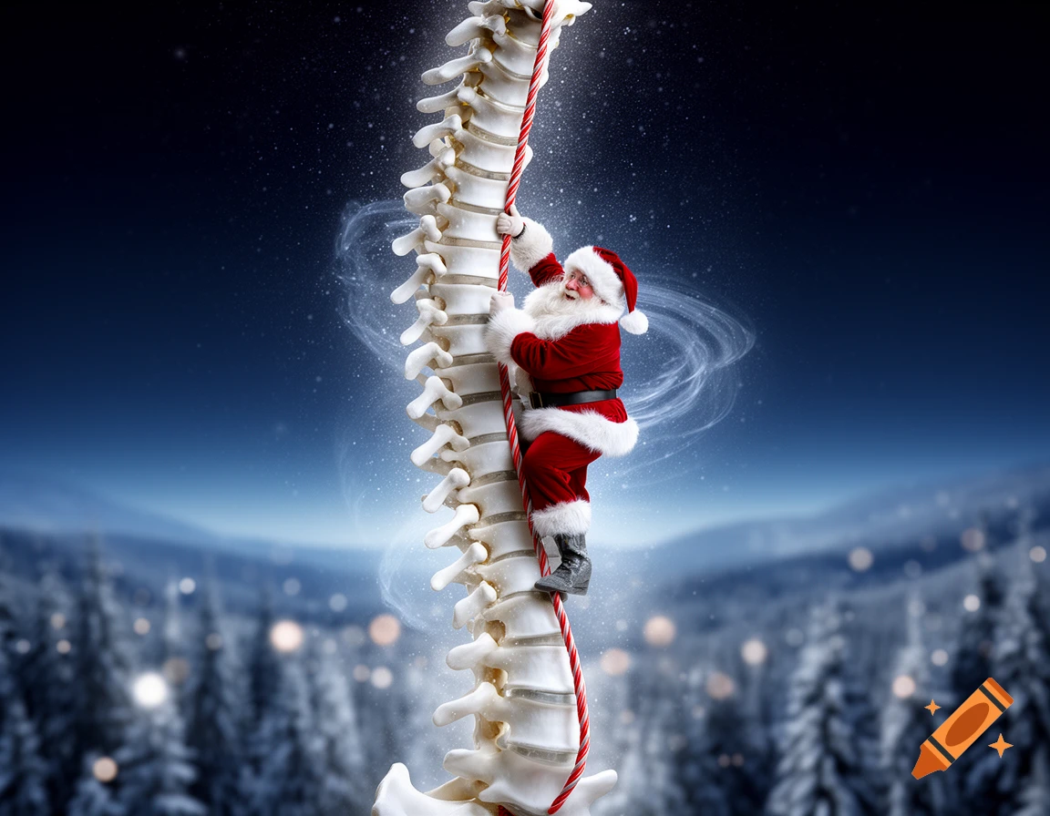 Santa Claus in a red suit climbs down a giant human spinal column against a snowy winter night sky with sparkling lights.