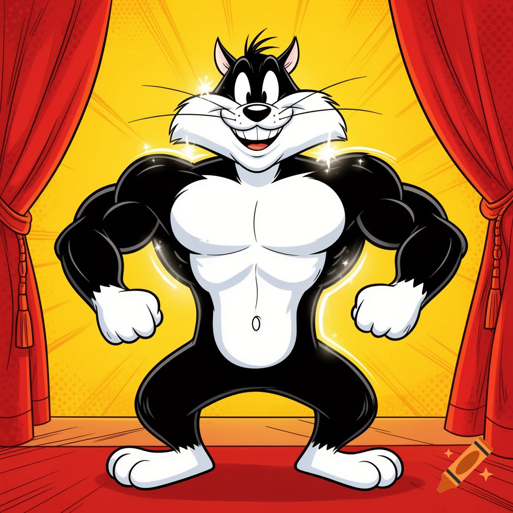 Muscular Sylvester the Cat stands proudly on a red stage with red curtains and a yellow background.