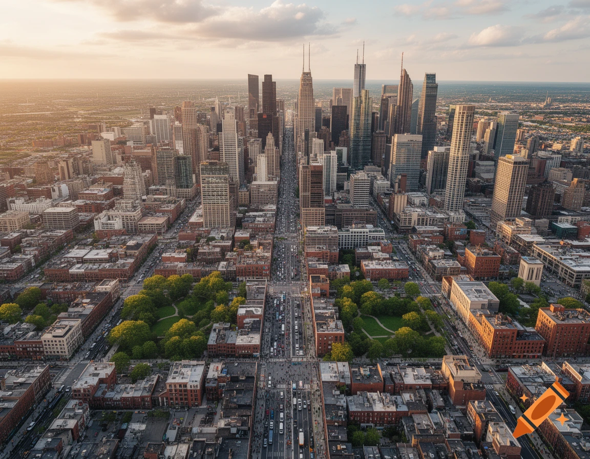 Aerial view of a sprawling modern city with tall skyscrapers, busy streets, and green parks under a sunny sky.