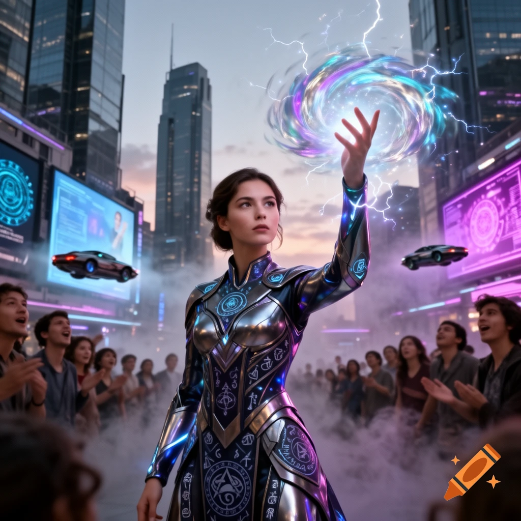 A woman in a glowing futuristic suit casts a swirling magic spell in a cyberpunk city as a crowd watches and flying cars hover.