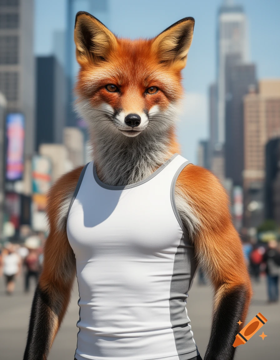 A photorealistic anthropomorphic fox in a white tank top stands on a sunny city street.