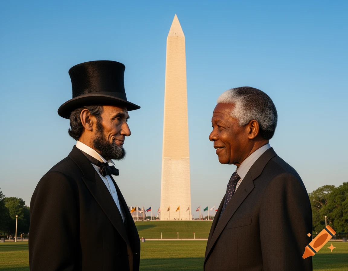 Photorealistic image of Abraham Lincoln in a top hat and Nelson Mandela in a suit, smiling at each other in front of the Washington Monument.