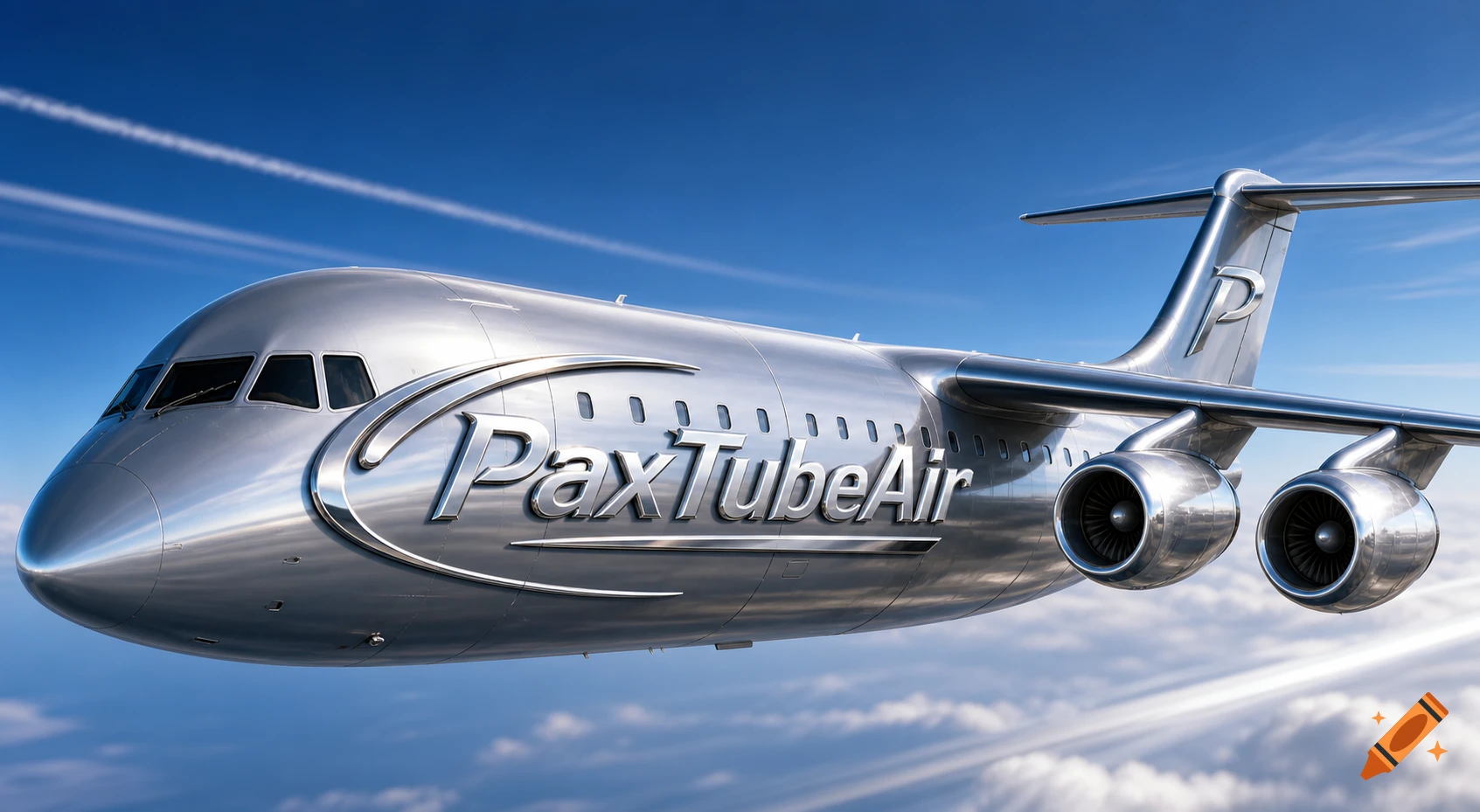 Photorealistic silver PaxTubeAir airplane with shiny metallic finish, flying in a bright blue sky above clouds.