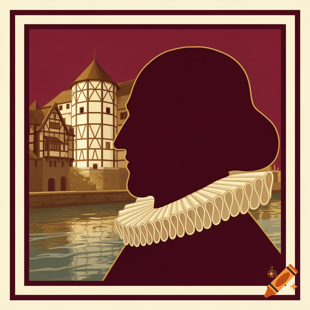 Vintage travel poster illustration of William Shakespeare's silhouette against the Globe Theatre and River Thames in crimson, cream, and gold.