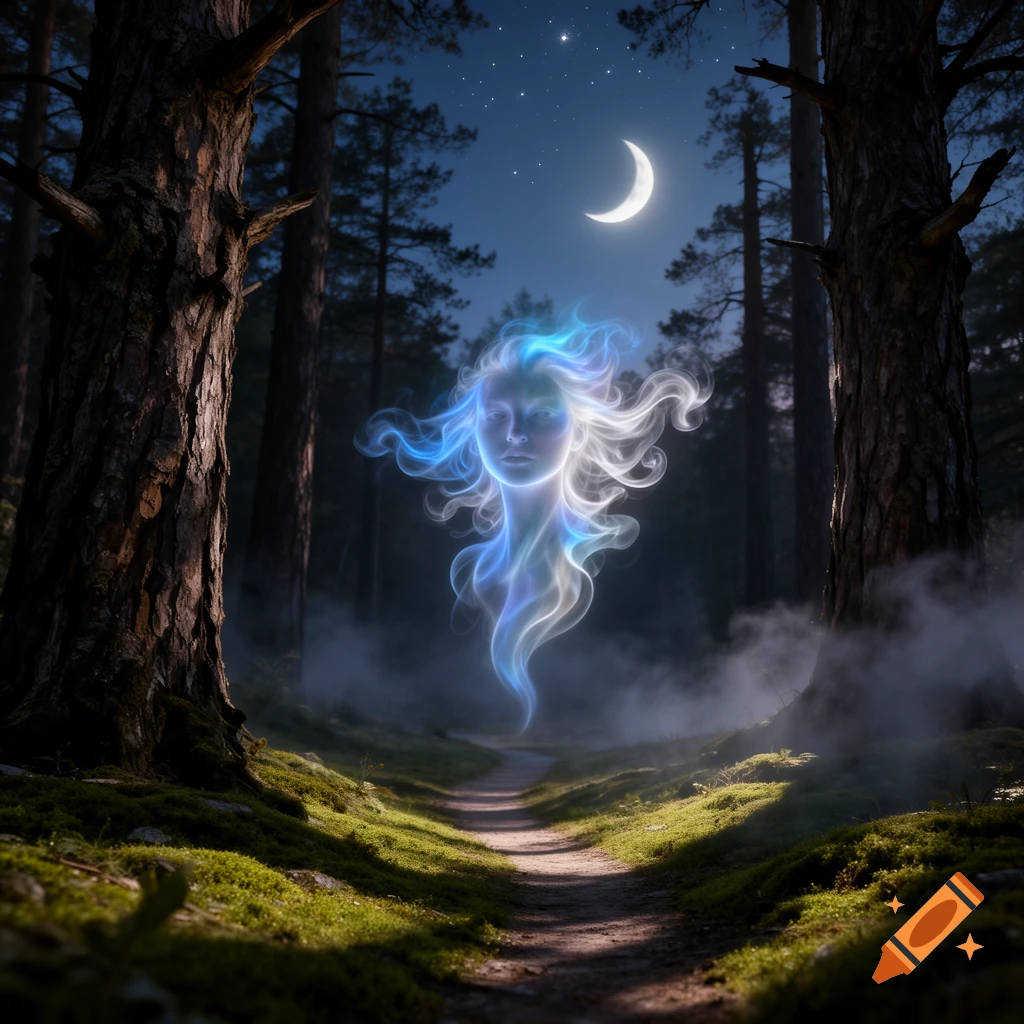 Ethereal glowing face spirit floats above a moonlit forest path at night, with tall trees and a crescent moon in a starry sky.