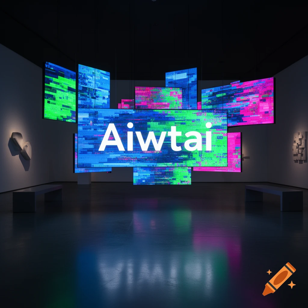 An art gallery with hanging screens displaying colorful glitch art and the word 'Aiwtai' on the central screen, reflected on the floor.