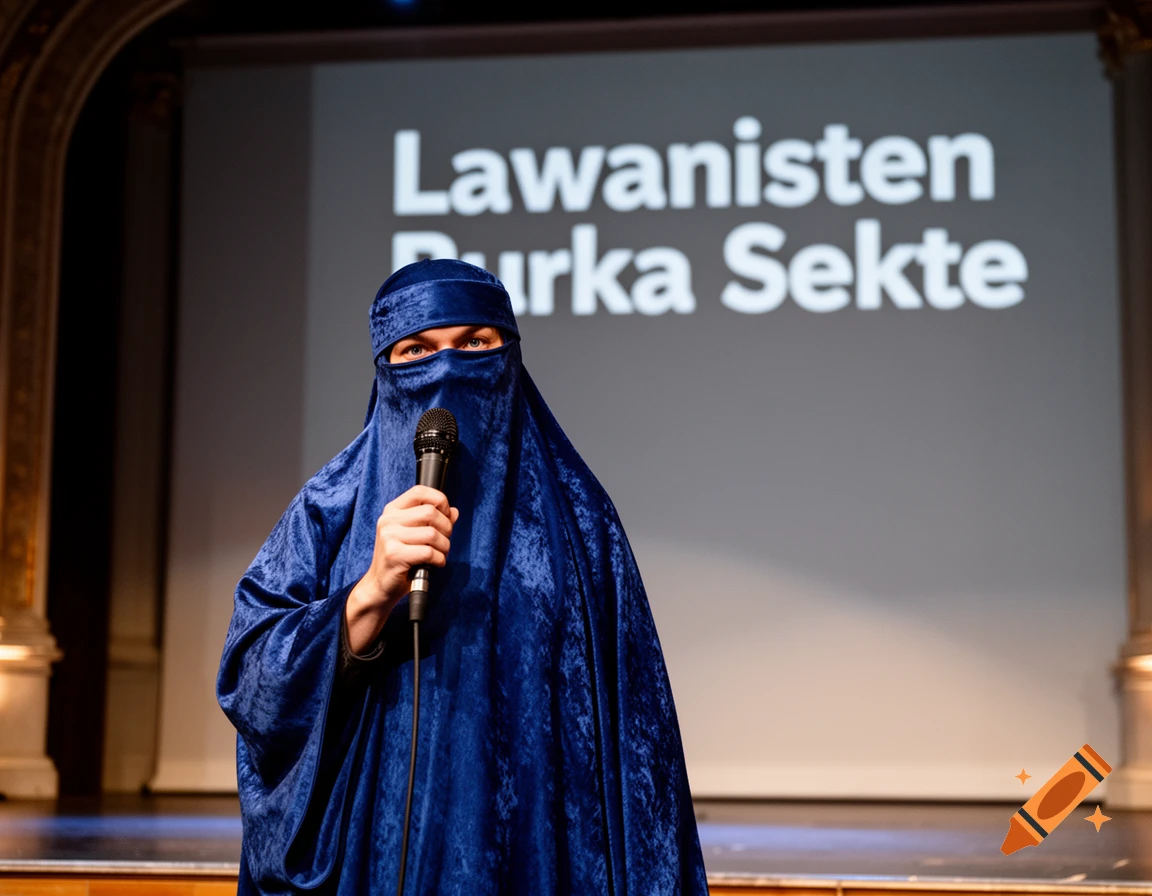 A person wearing a blue burka holds a microphone on a stage, facing the viewer. A screen behind them displays the words "Lawanisten Burka Sekte".