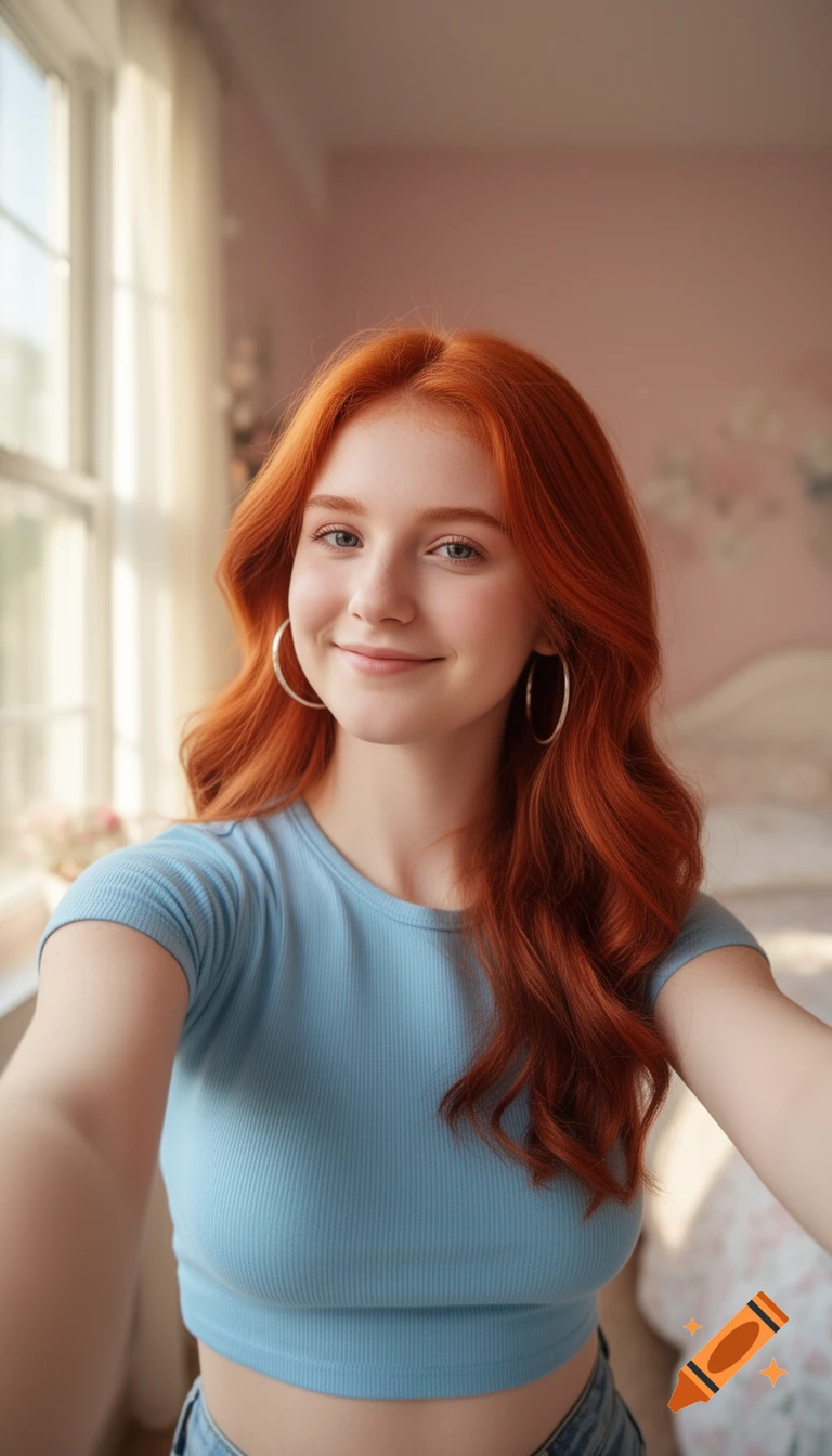 Photorealistic selfie of a smiling red-haired woman in a light blue crop top and hoop earrings in a sunlit room.