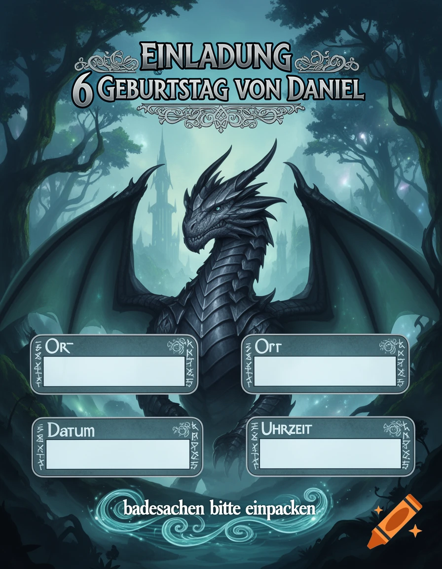 A fantasy-themed birthday invitation featuring a dark, armored dragon with large wings in a mystical forest, with fields for 'Ort', 'Datum', 'Uhrzeit', and 'badesachen bitte einpacken'.