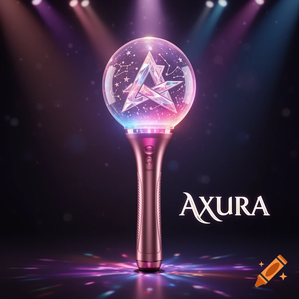 A glowing K-pop light stick with a faceted star inside a clear orb, and the word 'AXURA' on a dark, sparkling stage.
