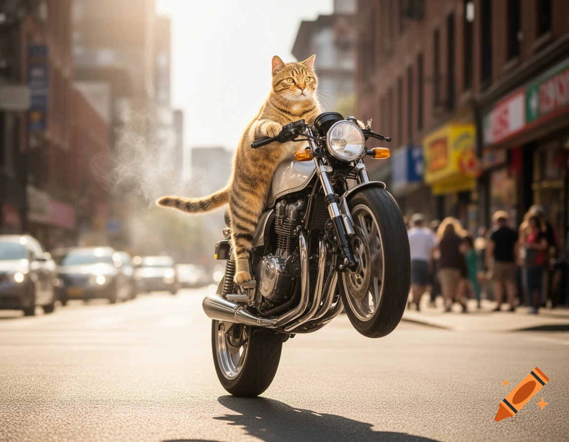 A photorealistic ginger cat rides a vintage motorcycle on its back wheel down a sunny city street.