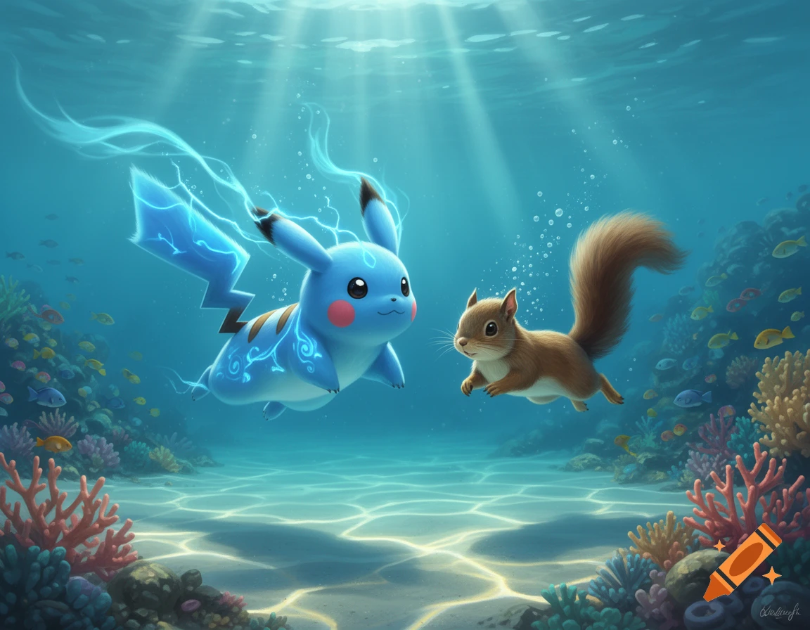 A blue Pikachu with electric patterns and a squirrel swim together in a vibrant underwater coral reef scene.