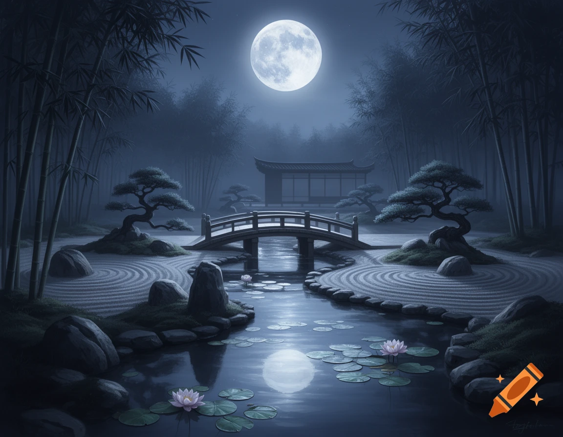 A serene Japanese Zen garden at night, with a full moon reflecting on a pond, a bridge, and carefully raked sand patterns.