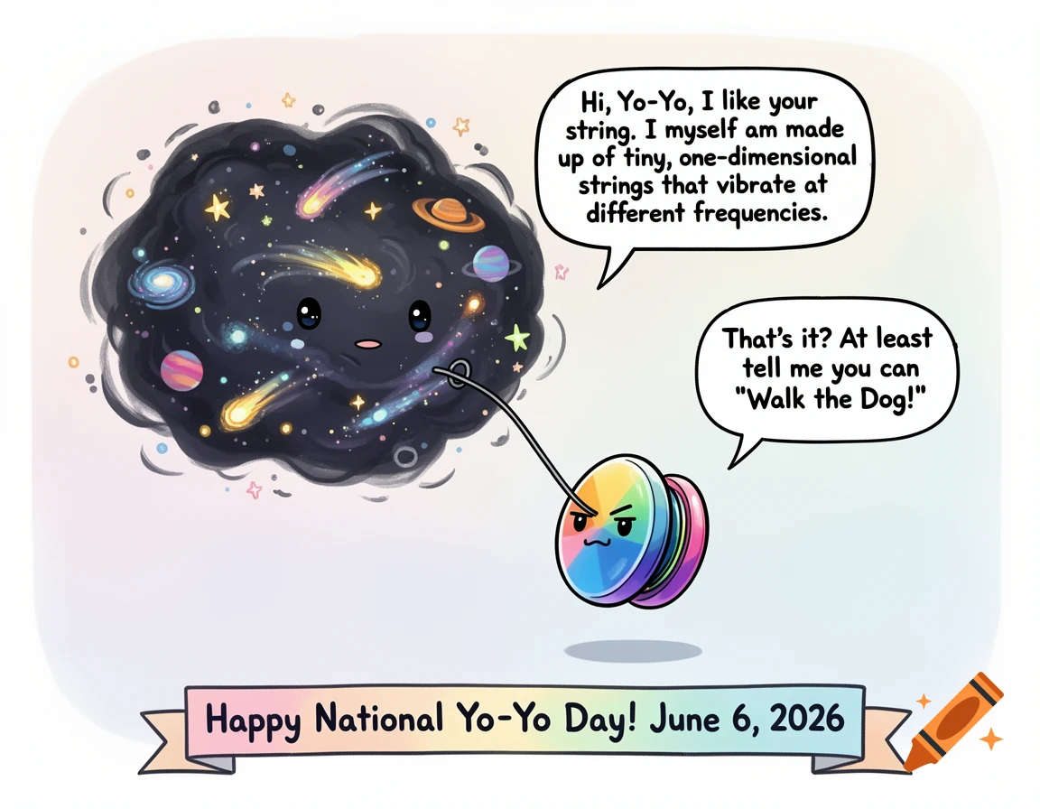 A cute illustration of a personified universe and a rainbow yo-yo having a conversation. A banner reads Happy National Yo-Yo Day! June 6, 2026.