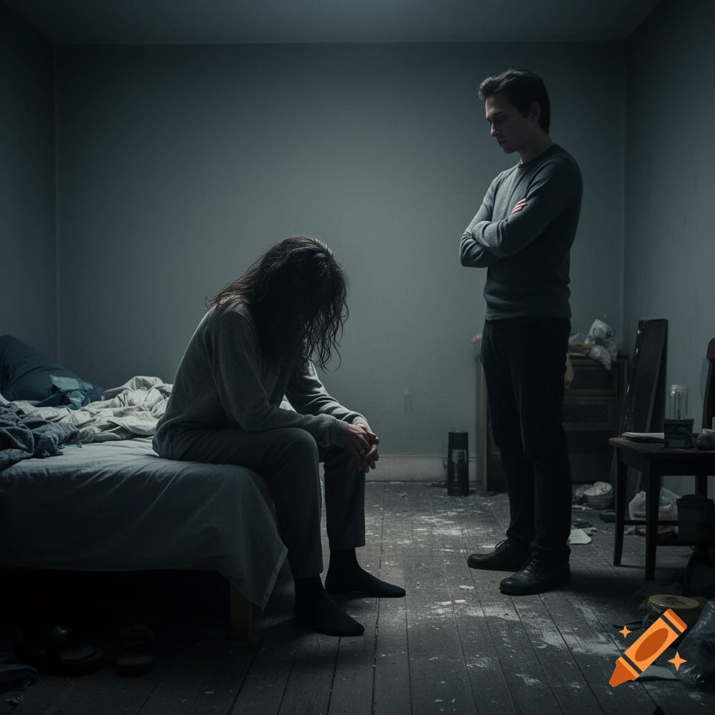 Two people in a dimly lit, messy room; one sits on a bed looking down, while the other stands with crossed arms. Photorealistic.