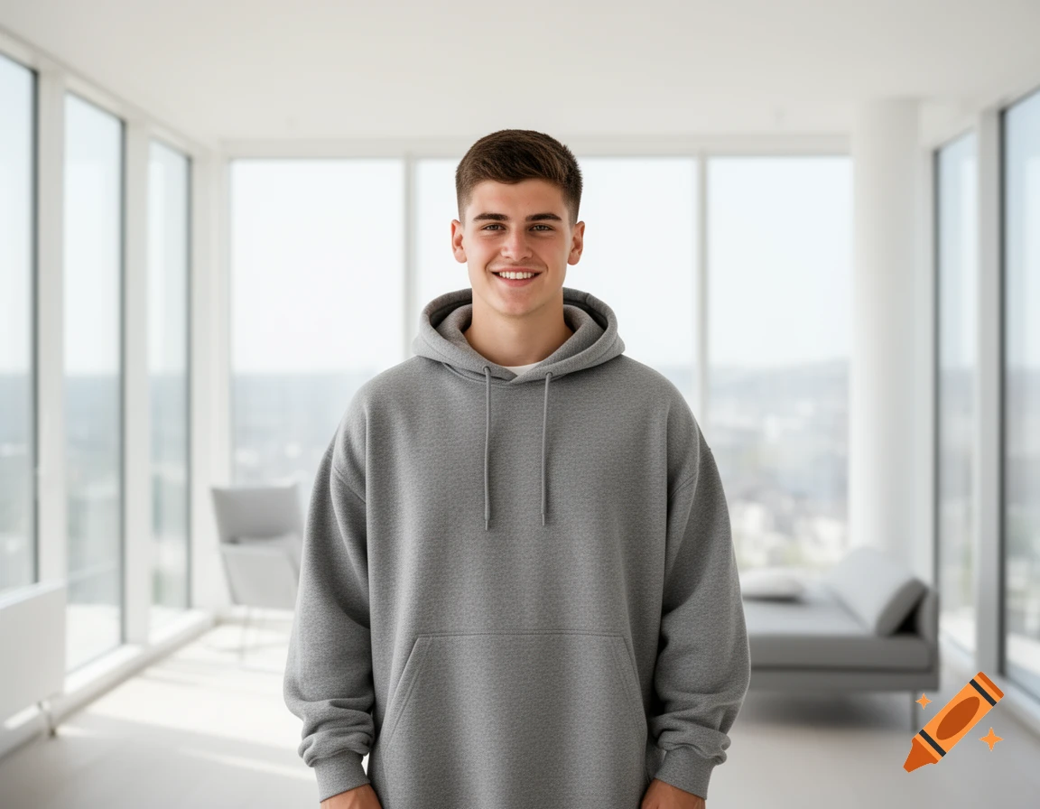 Smiling young man in an oversized gray hoodie, standing in a bright minimalist apartment with large windows.