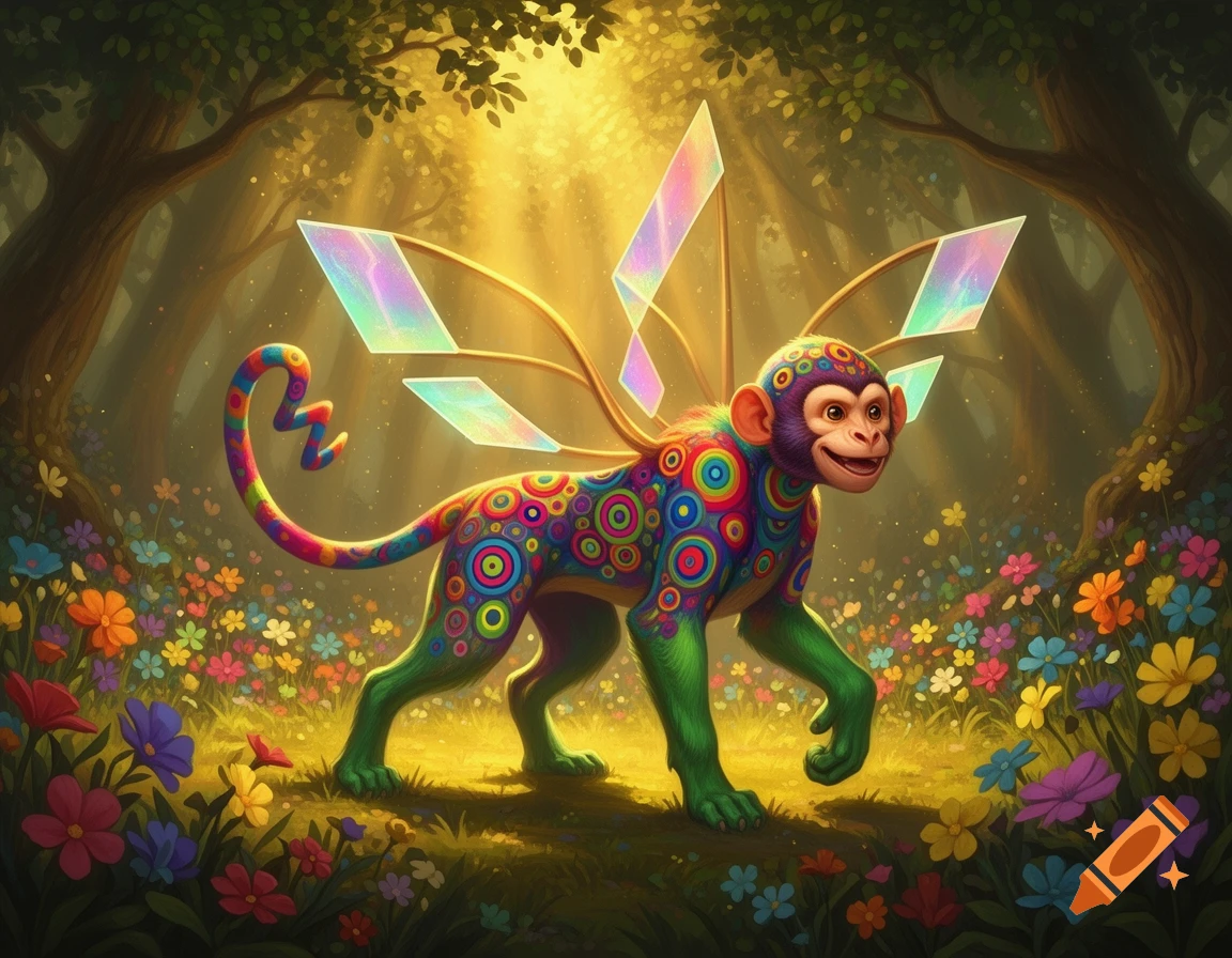 A vibrant, colorful monkey-like creature with green limbs, a body covered in circular patterns, and crystal wings walks through a sun-dappled magical forest filled with colorful flowers.