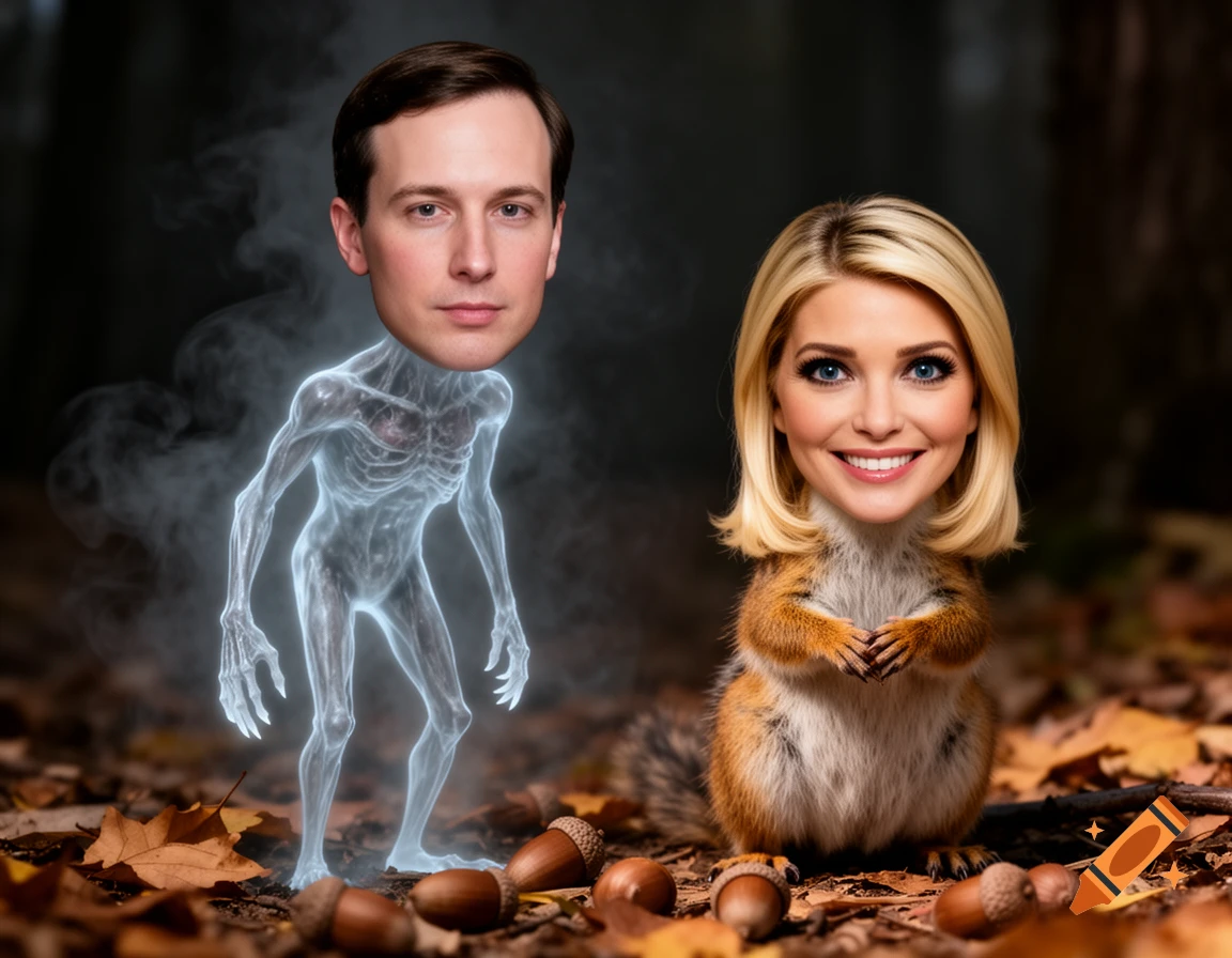 Jared Kushner's face on a glowing ghoul and Ivanka Trump's face on a chipmunk stand on a forest floor.