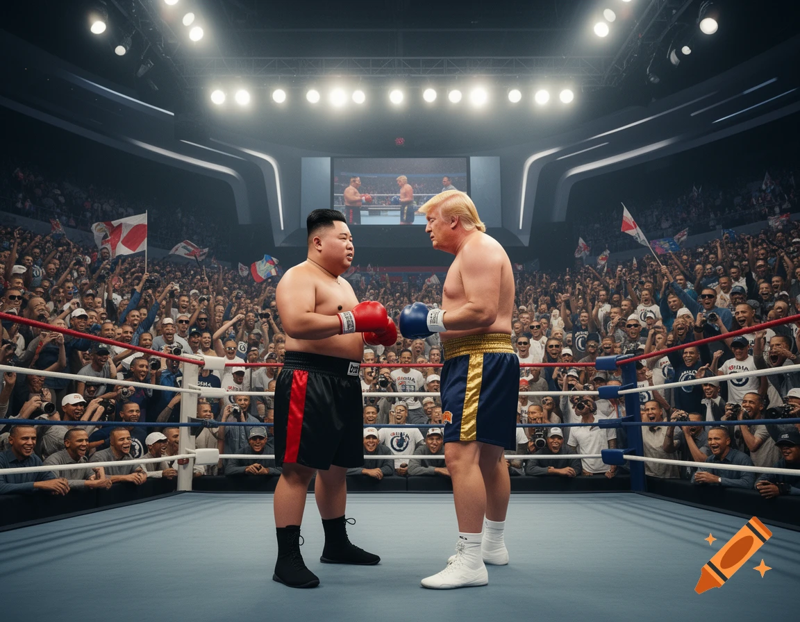 Photorealistic image of Kim Jong Un and Donald Trump in a boxing match in a crowded arena, with a replay on a big screen.