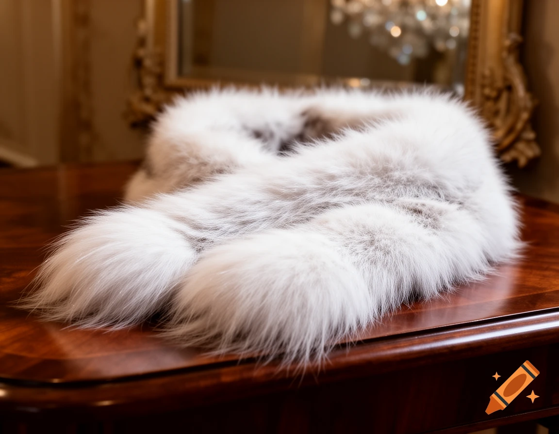 A white fox fur scarf with long, fluffy tails lies draped on a polished wooden table, with a blurred ornate mirror and chandelier in the background.