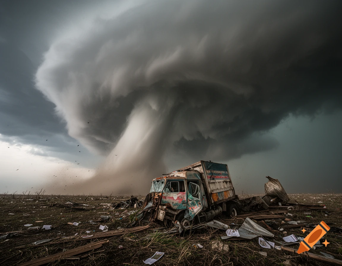 A colossal tornado looms over a desolate, debris-strewn field where a heavily damaged truck lies amidst the destruction.