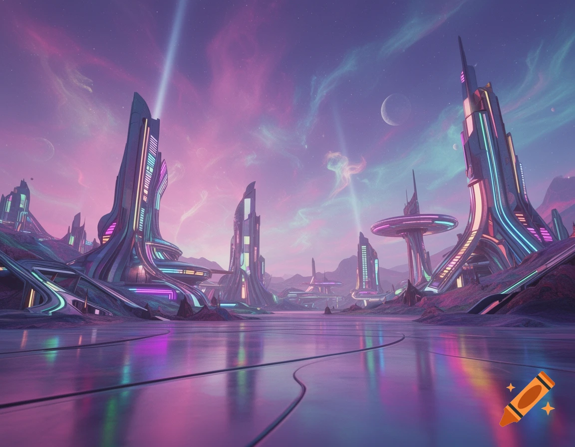 A vibrant retro-futuristic sci-fi city scene with neon-lit towering buildings reflecting on a wet surface under a psychedelic pink and purple sky with a crescent moon.