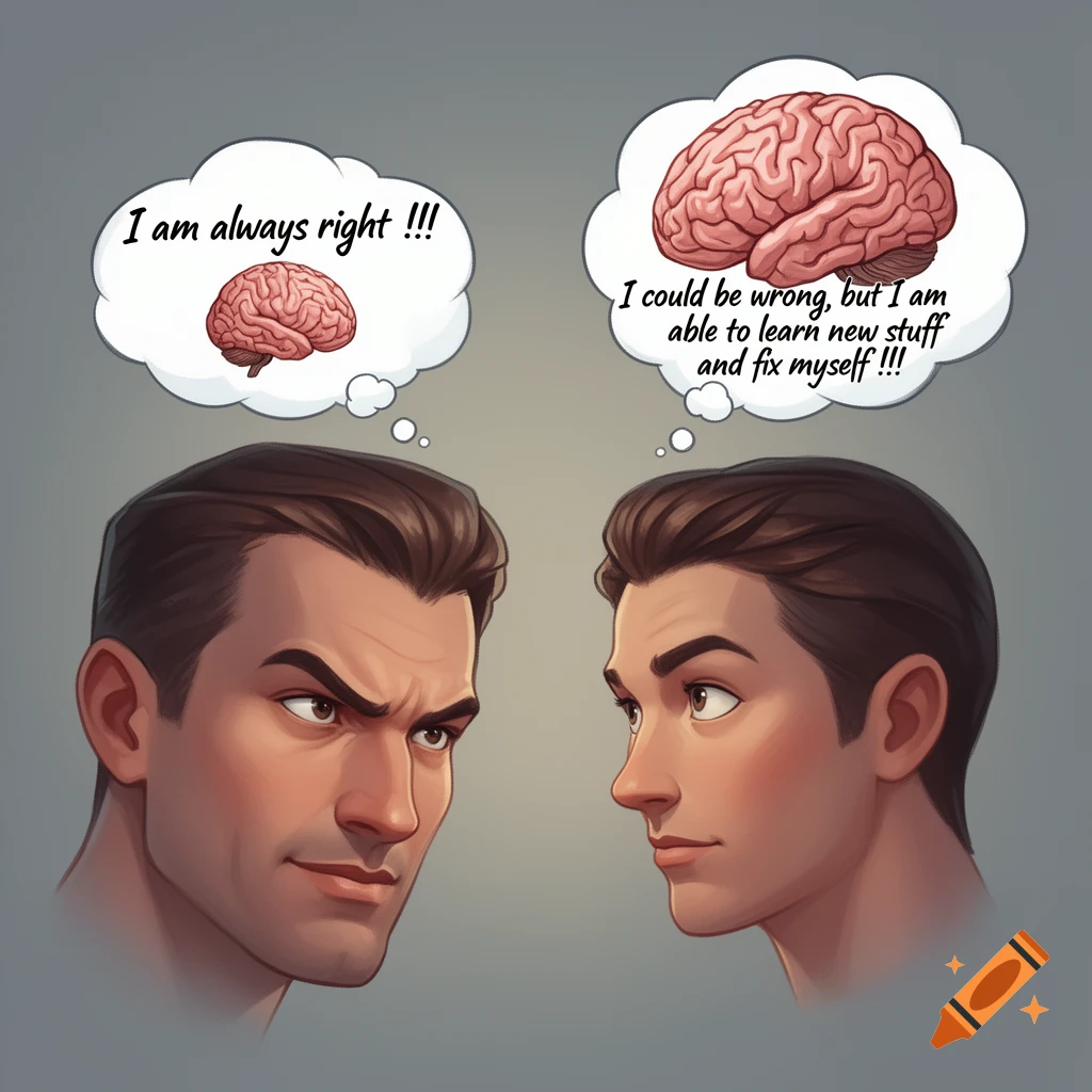 Two stylized male faces, one with a small brain thought bubble saying 'I am always right !!!', the other with a large brain thought bubble saying 'I could be wrong, but I am able to learn new stuff and fix myself !!!', on a grey background.