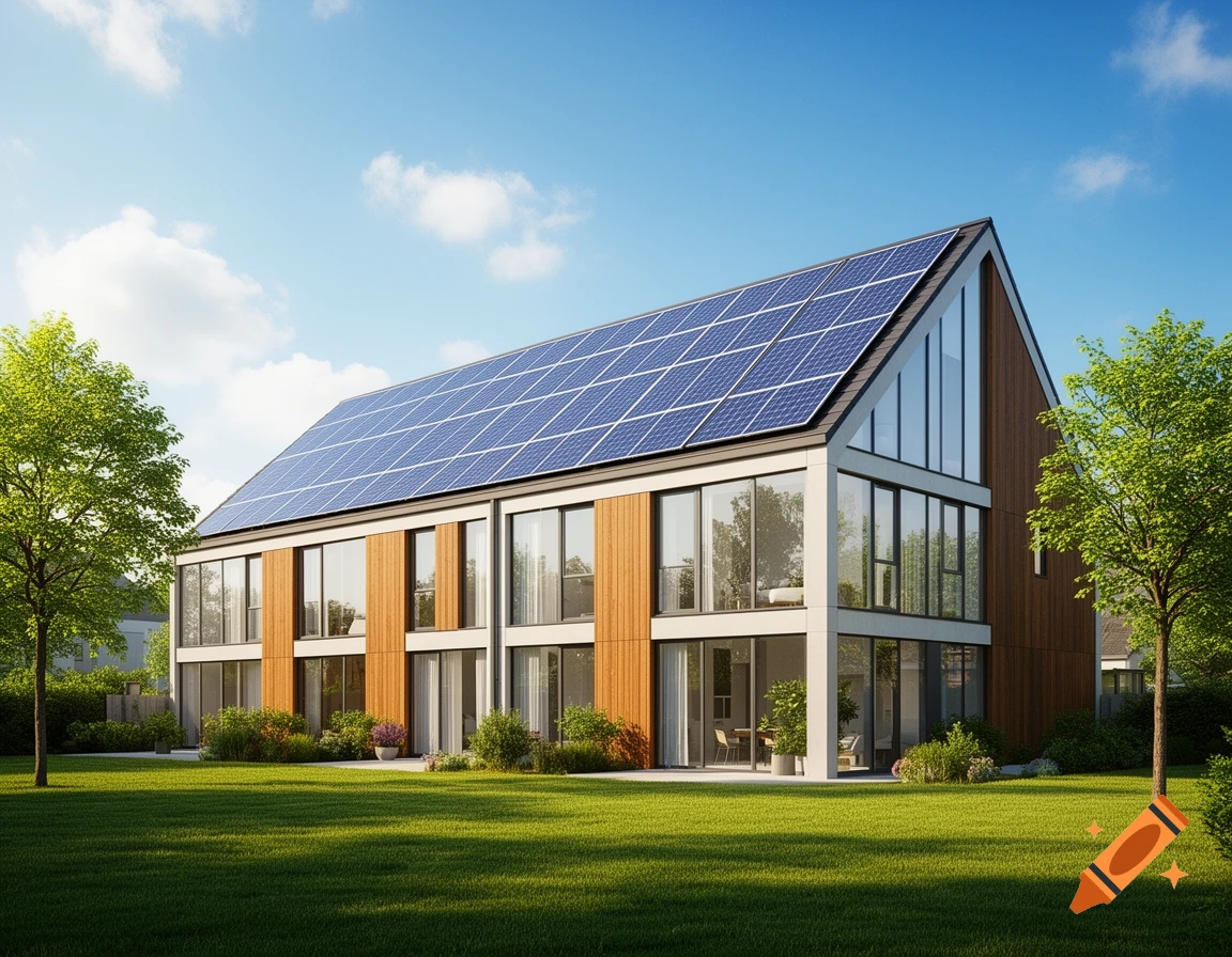 A modern, angular family house with a sloped roof covered in blue solar panels, surrounded by a green lawn and trees under a clear blue sky.