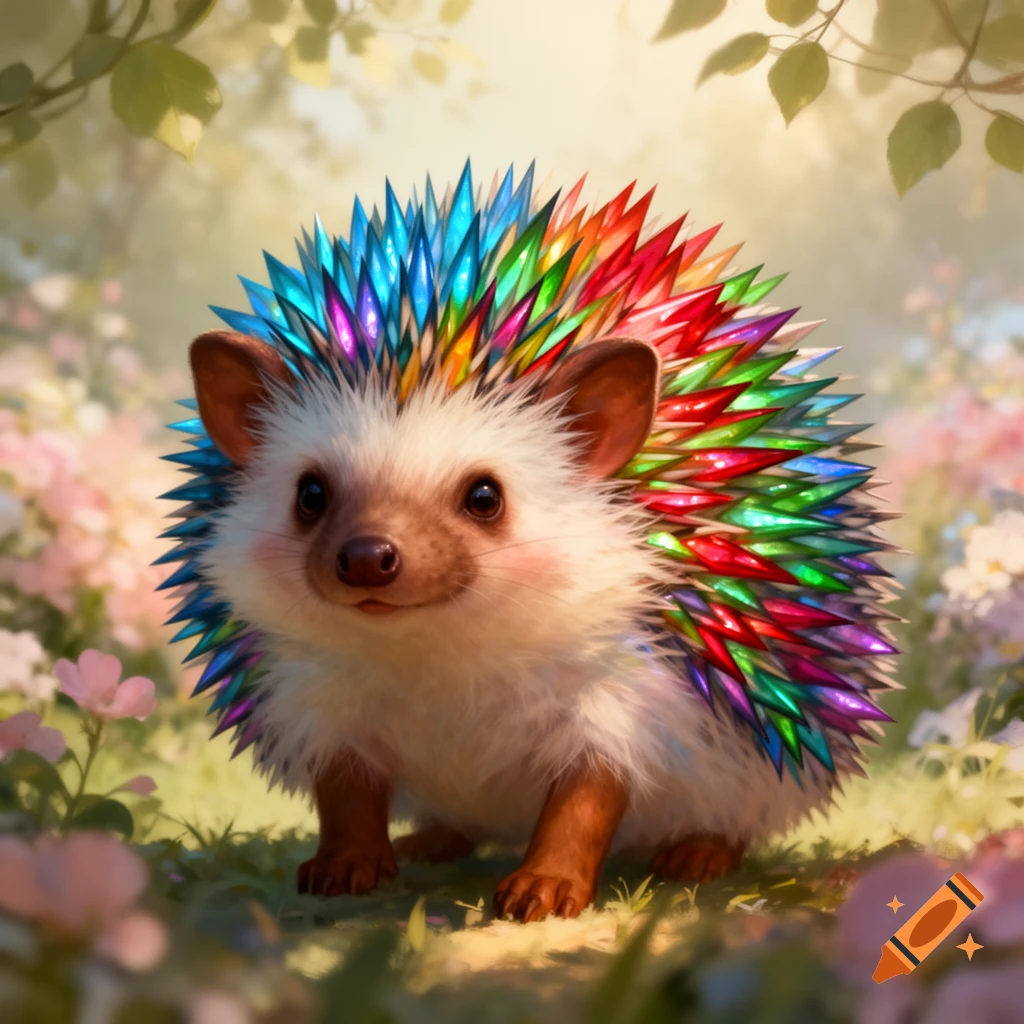 A cute, fluffy hedgehog with shimmering rainbow gemstone spines sits in a bright, soft-focus meadow with pink flowers.