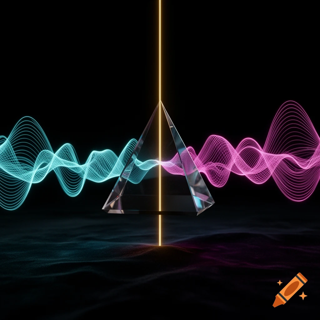 A minimalist 3D rendering of a glass prism with a golden light beam generating blue and pink neon waves on a dark background.