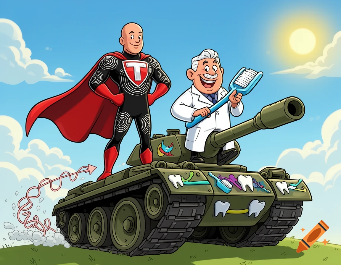 A bald superhero in a black and red suit with a 'T' emblem stands on a tank next to a smiling dentist holding a giant toothbrush, cartoon style.