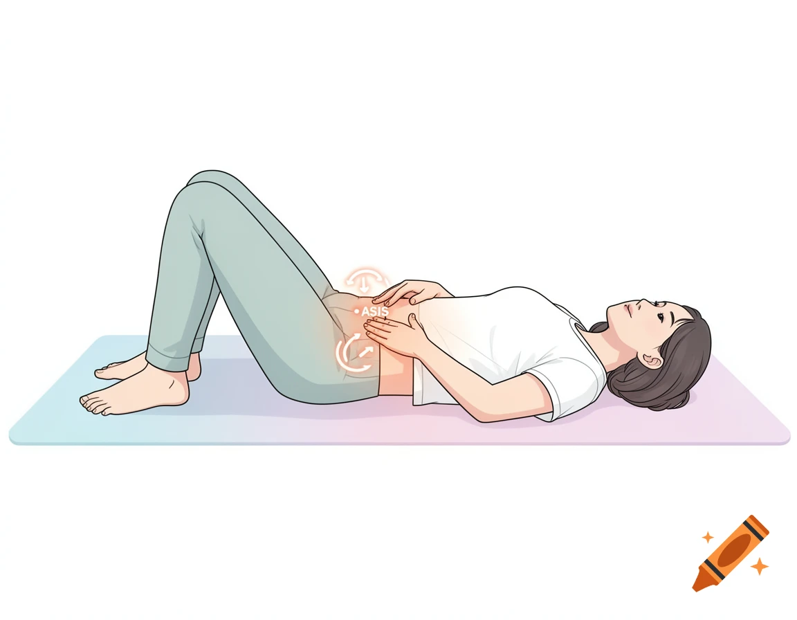 An instructional vector illustration of a person lying on their back on a mat, hands on lower abdomen, with arrows highlighting the ASIS area.