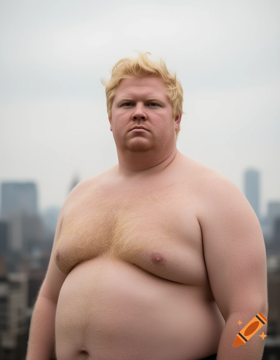 A photorealistic portrait of a shirtless, burly blonde man with chest hair, standing outdoors against a blurred city skyline.