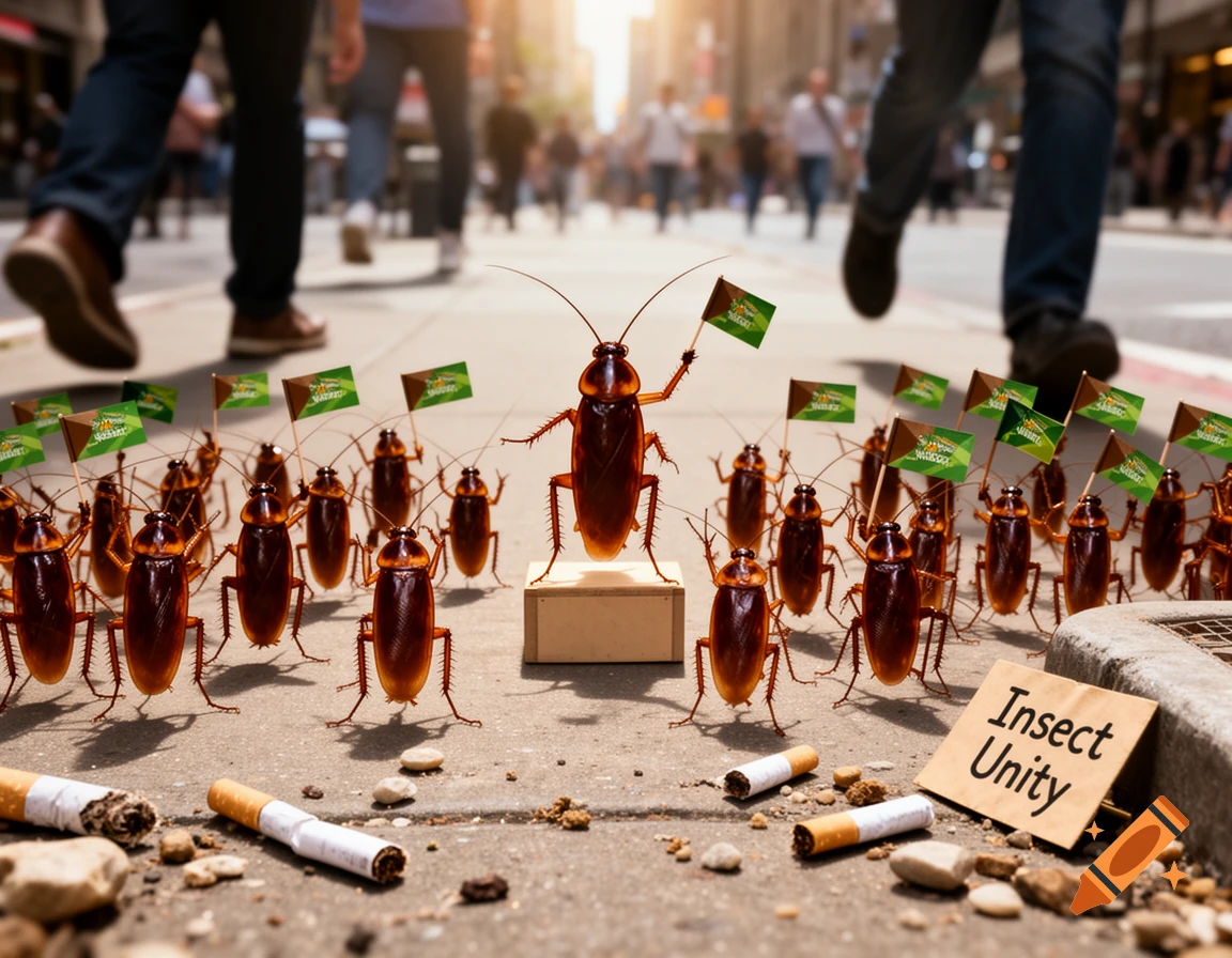 A crowd of cockroaches holds a political rally on an urban sidewalk, with one leader on a box holding a flag, and a sign reading "Insect Unity" in the foreground. Cigarette butts litter the ground.