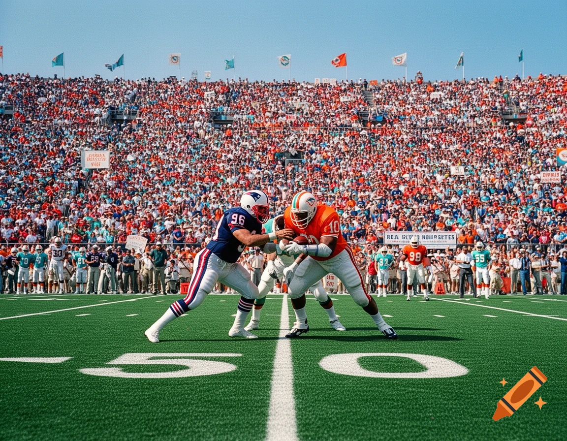 Photorealistic image of a 1980s American football game with two players mid-play, a New England Patriot and a Miami Dolphin, on a green field with a full stadium crowd in the background.