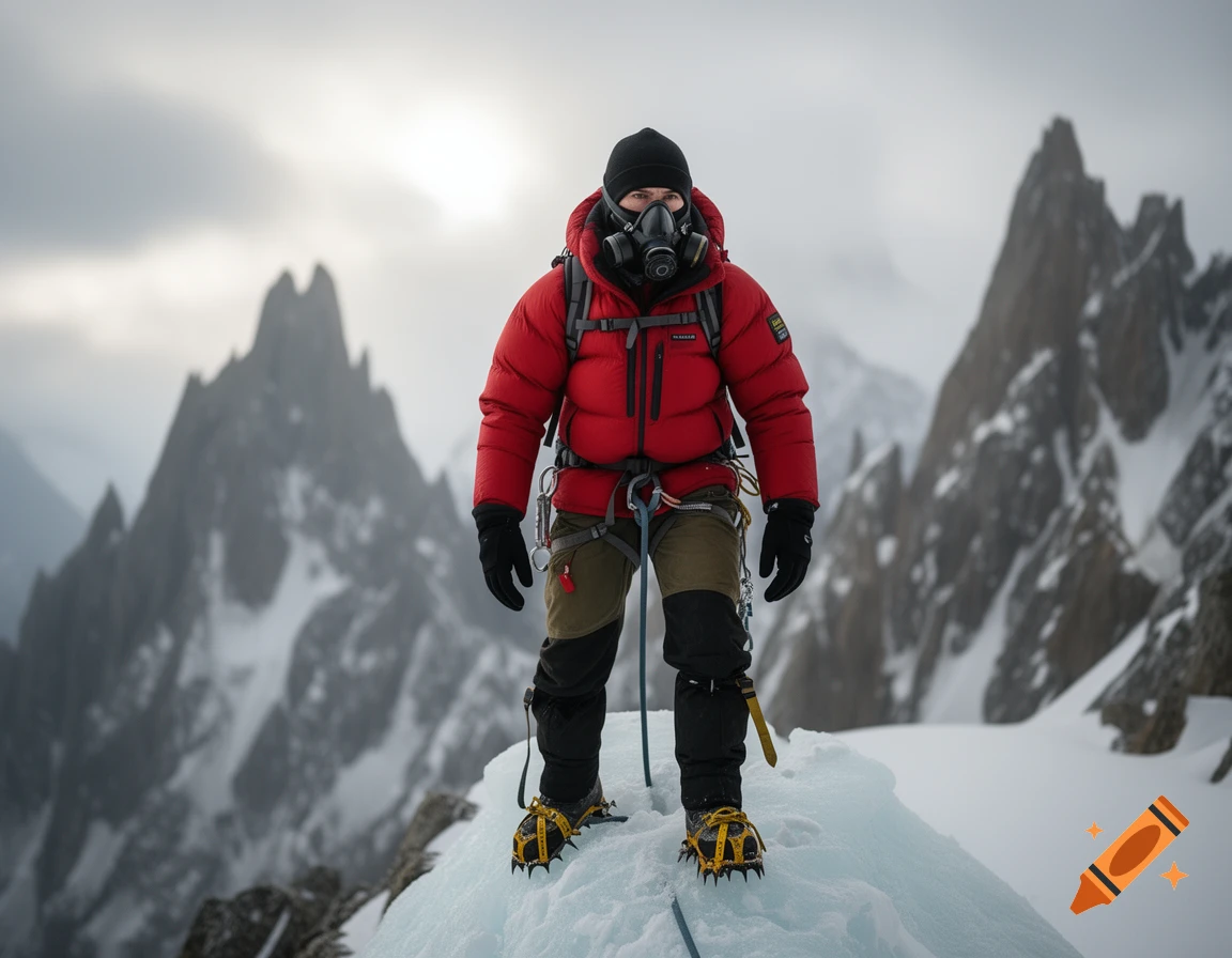 A male mountaineer in a red down suit, black beanie, and oxygen mask stands on a snowy mountain peak, with jagged peaks in the background.