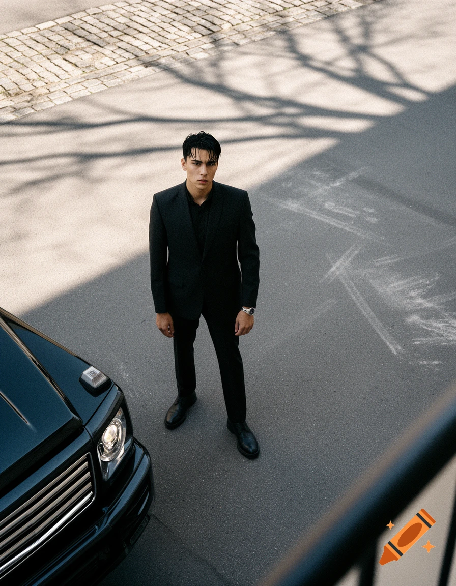 High-angle cinematic photo of a stylish young man in a black suit standing on asphalt next to a black luxury SUV.