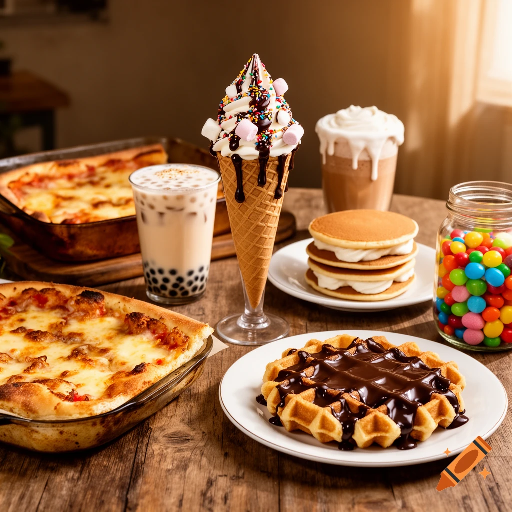 A wooden table is laden with various foods: an ice cream cone, pizza, bubble tea, another creamy drink, pancakes, a candy jar, and chocolate waffles.