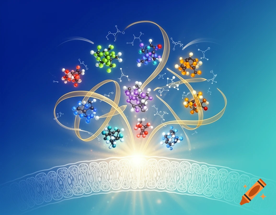 Colorful 3D molecular structures and chemical diagrams rise from a glowing cell membrane against a blue gradient.