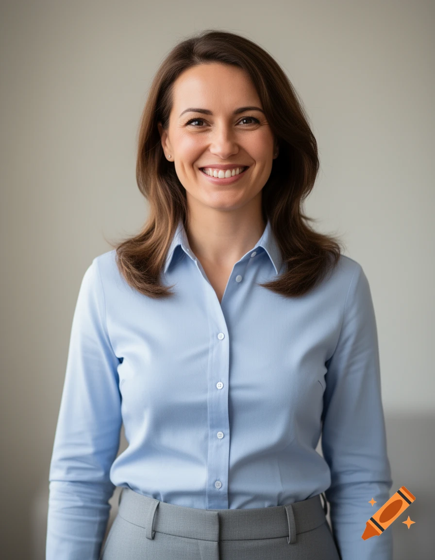 A smiling woman with brown hair wearing a light blue button-up shirt and gray trousers poses for a professional portrait against a plain background.